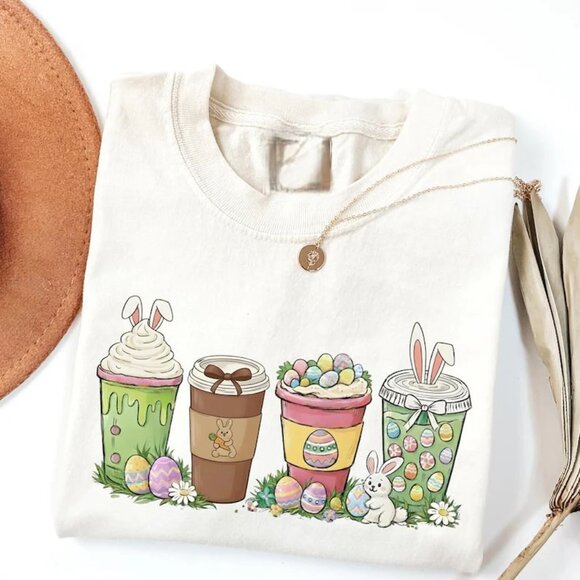 Tops - Easter Coffee Shirt, Cute Easter Shirt, Easter Bunny Shirt, Coffee Lover Gift